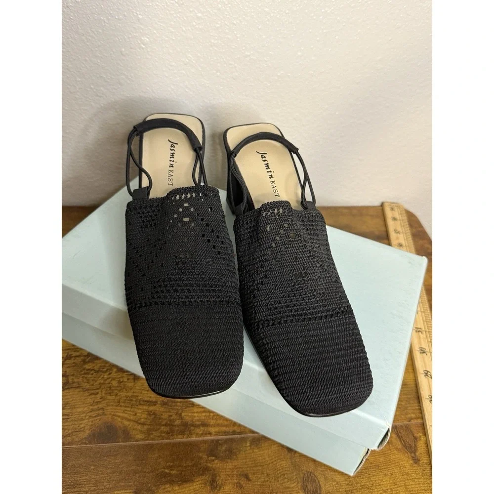 Jasmine East Women's Slip On Shoes Black Woven Fabric Strappy Heels Size 7.5